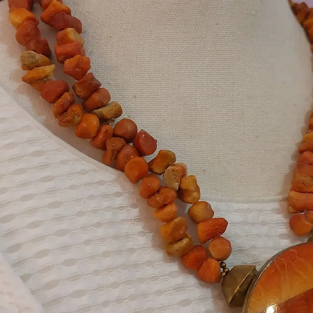 Vintage Genuine Sponge Coral Beads Double Strand Necklace Red Orange Pendant - Picture 5 of 9